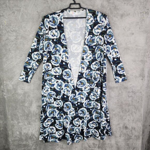 Women's LuLaRoe Long Open Cardigan Blue White Floral Pockets Size L - Picture 2 of 12